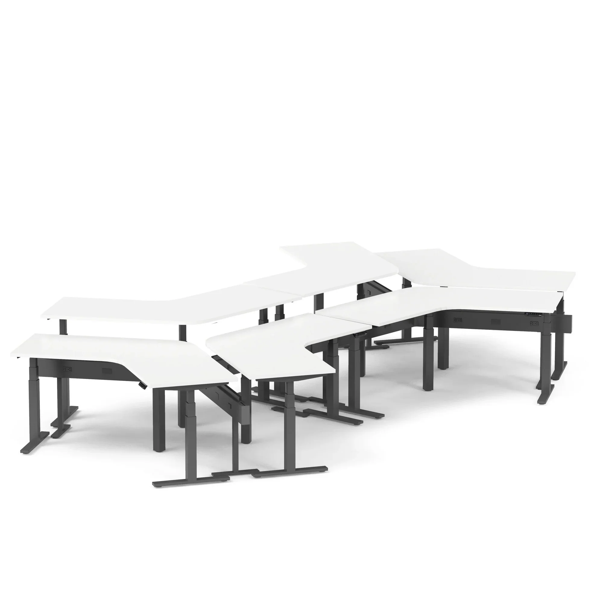 Series L 3S Adjustable Height 120 Degree Desk for 6 + Boom Power Rail